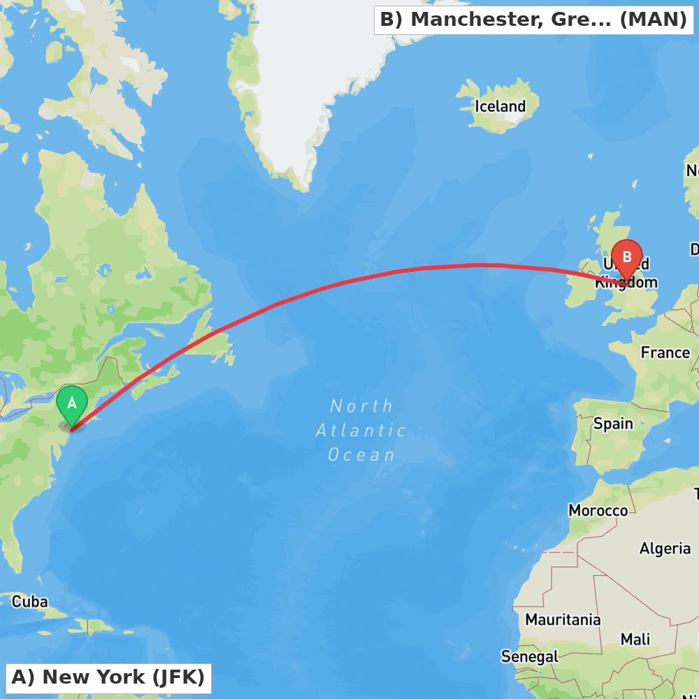 Flight route map from New York to Manchester, Greater Manchester