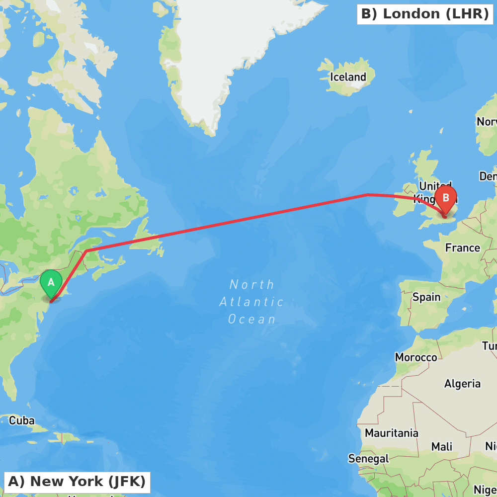 Flight route map from New York to London