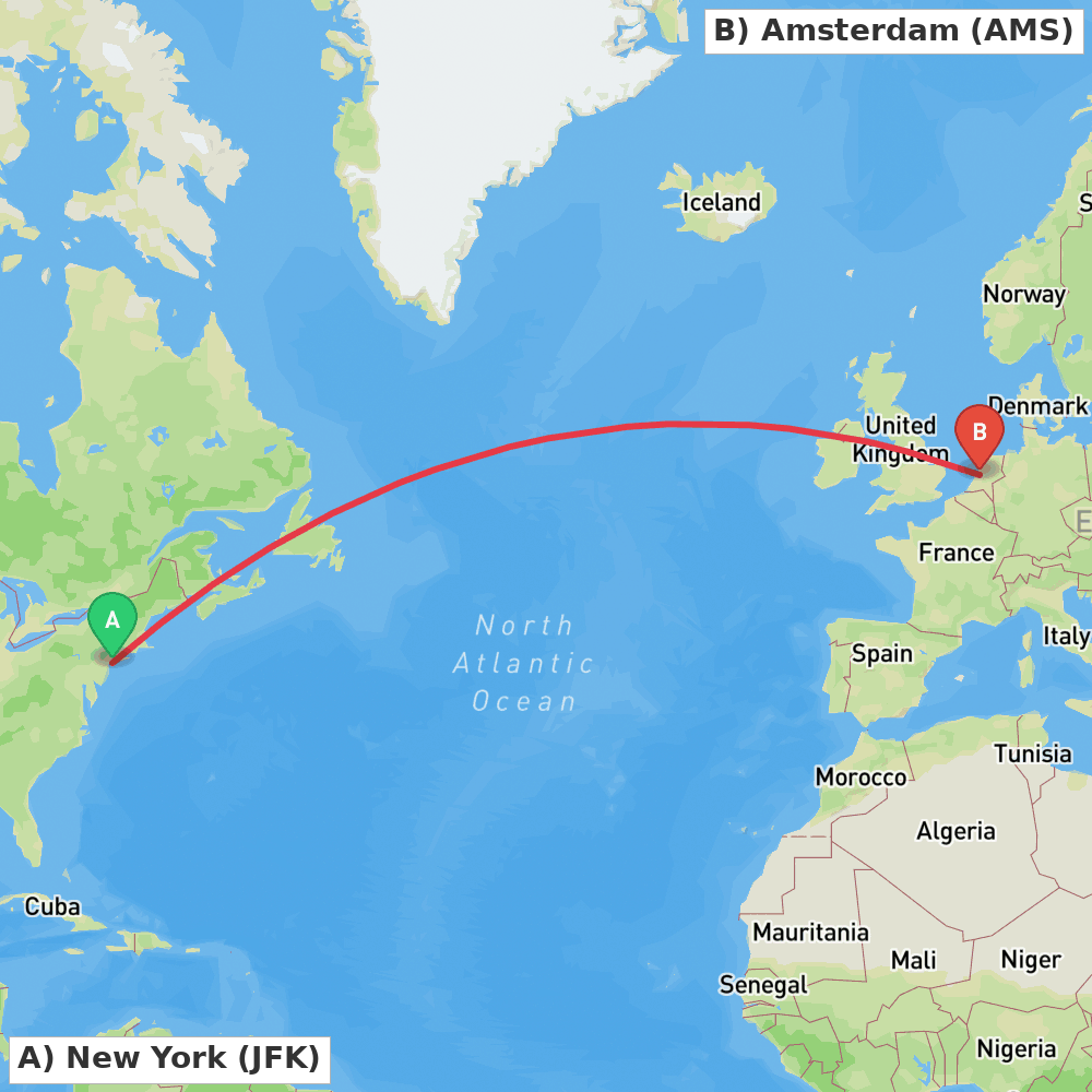 Flight route map from New York to Amsterdam