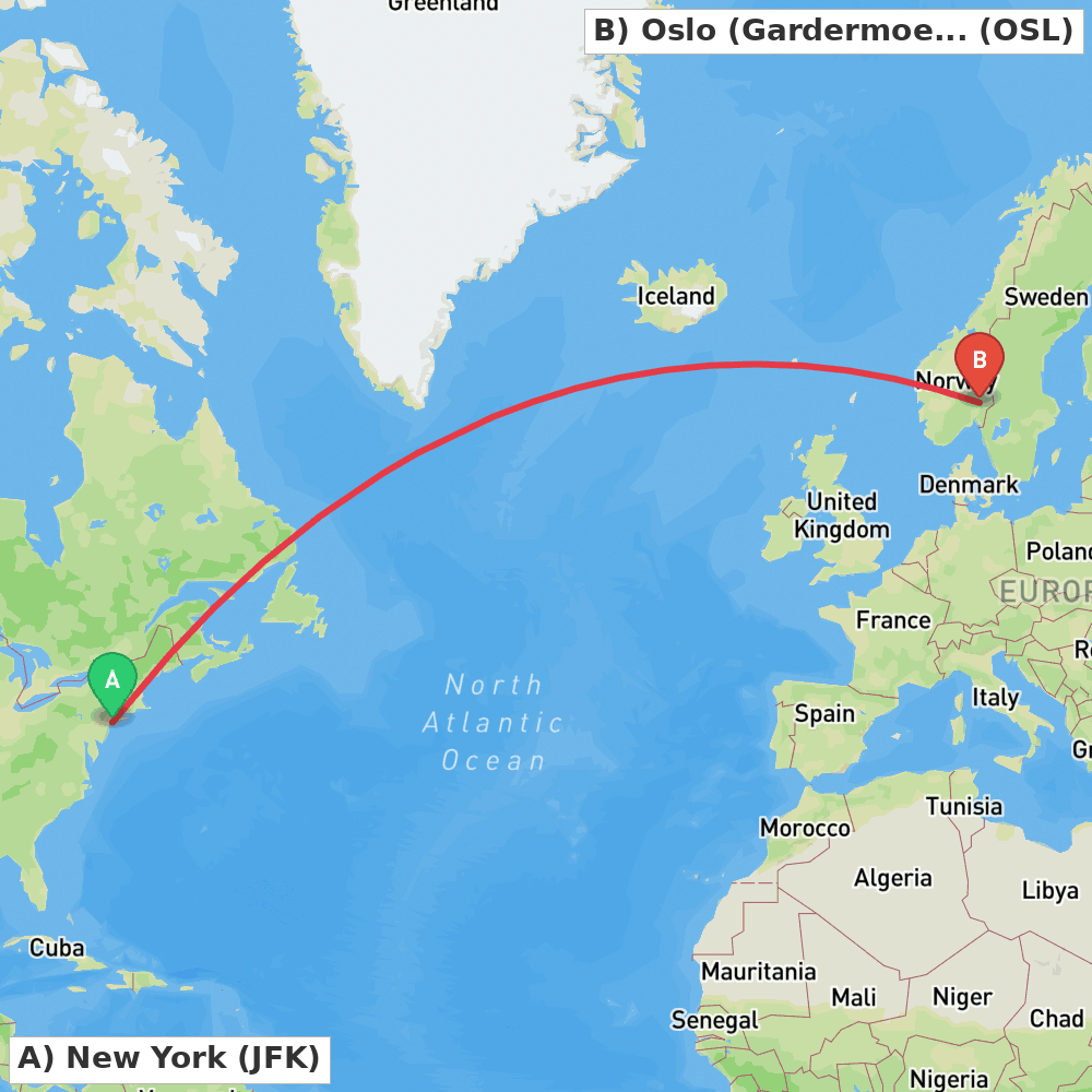 Flight route map from New York to Oslo (Gardermoen)