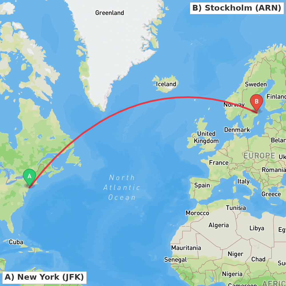 Flight route map from New York to Stockholm