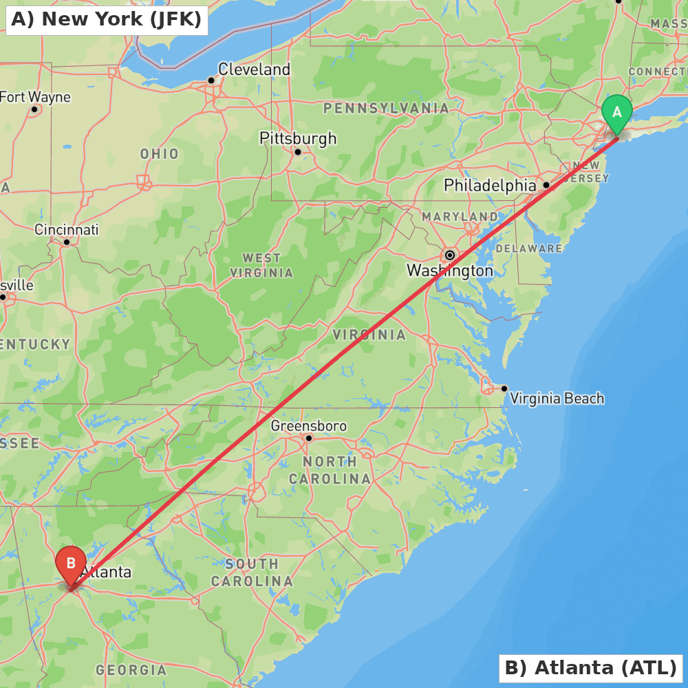 Flight route map from New York to Atlanta