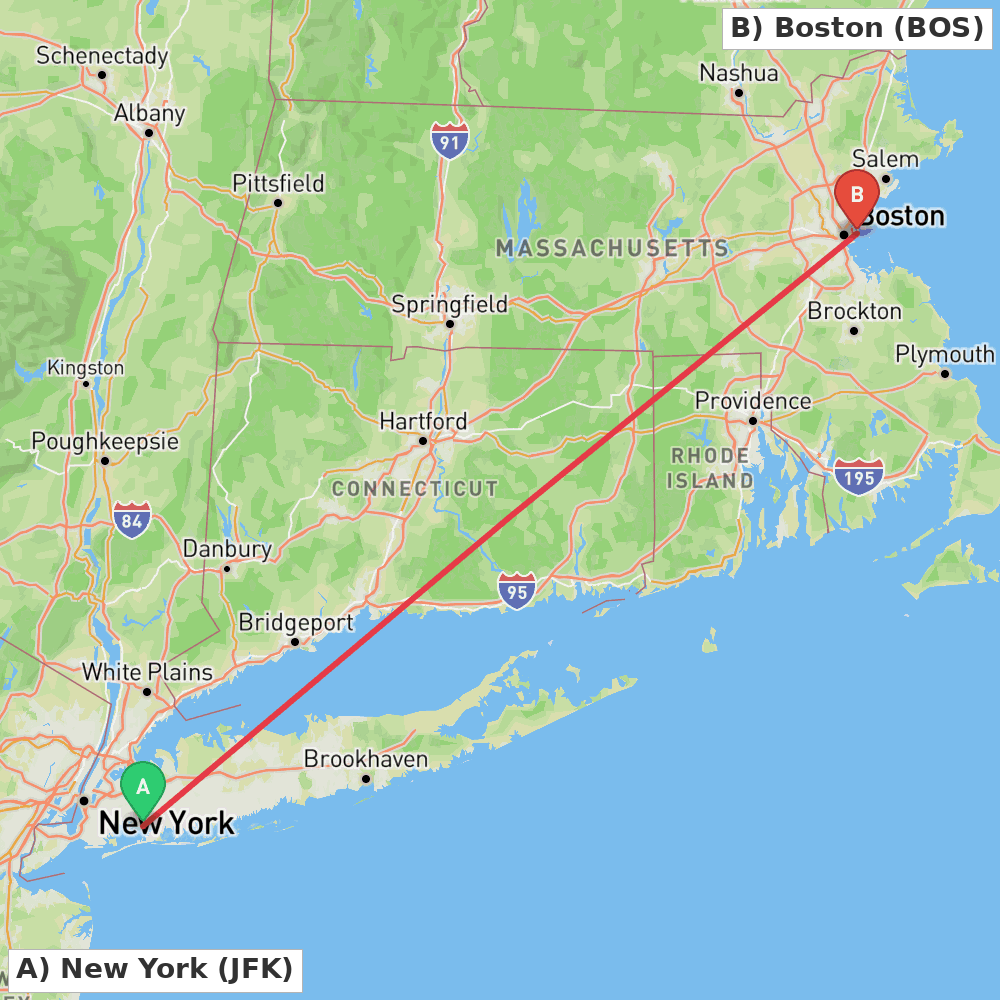 Flight route map from New York to Boston