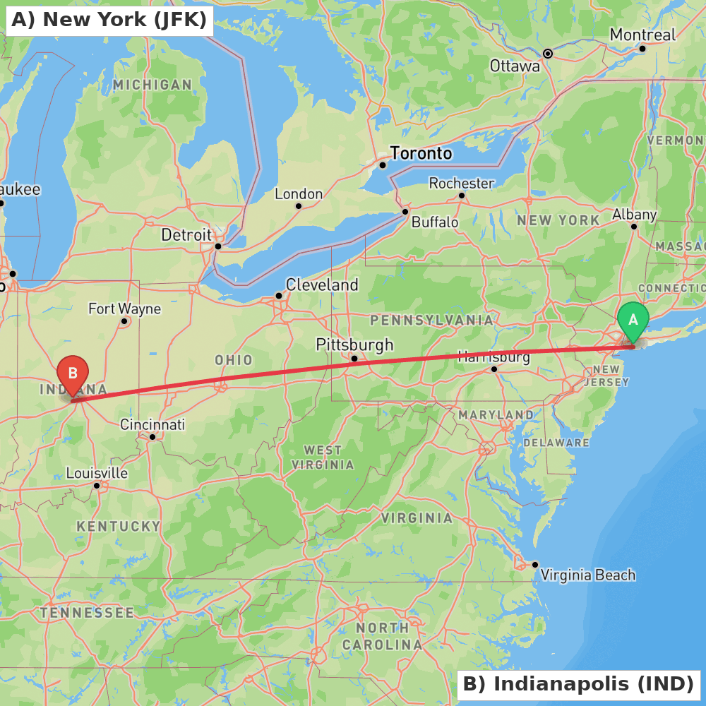 Flight route map from New York to Indianapolis