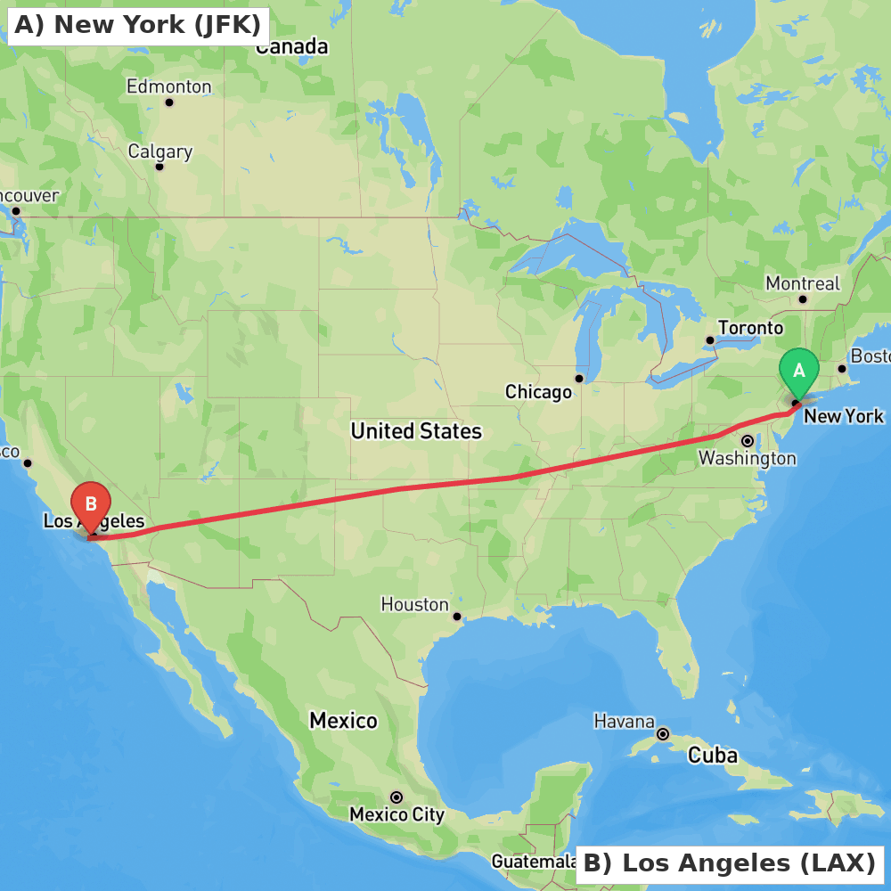 Flight route map from New York to Los Angeles
