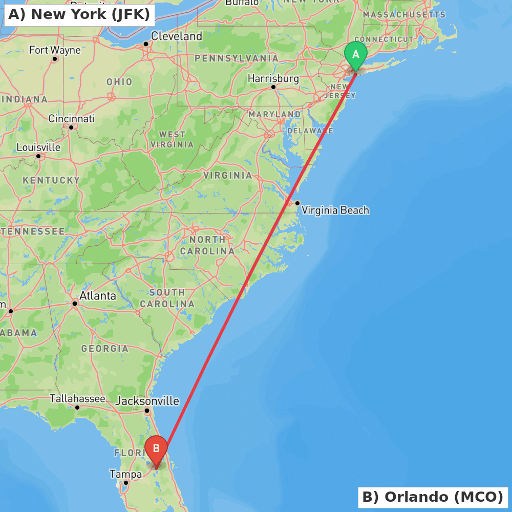 Flight route map from New York to Orlando