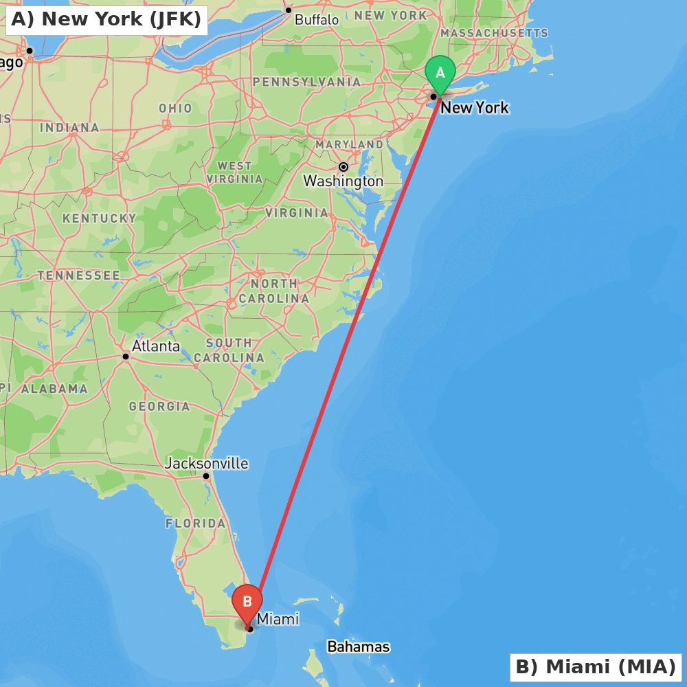 Flight route map from New York to Miami