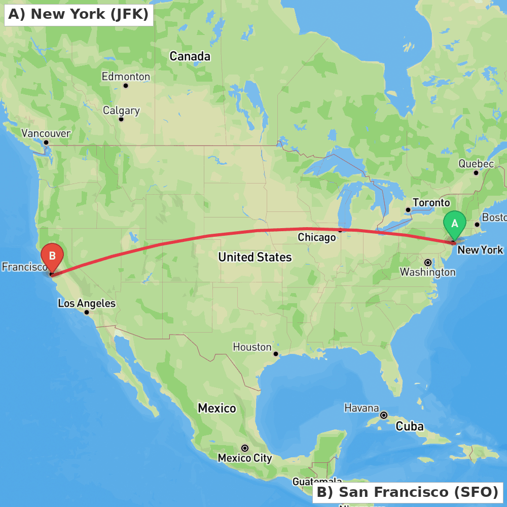 Flight route map from New York to San Francisco
