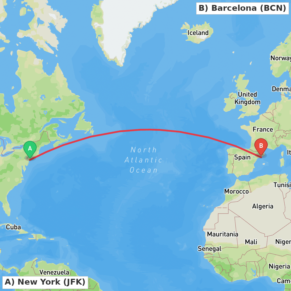 Flight route map from New York to Barcelona