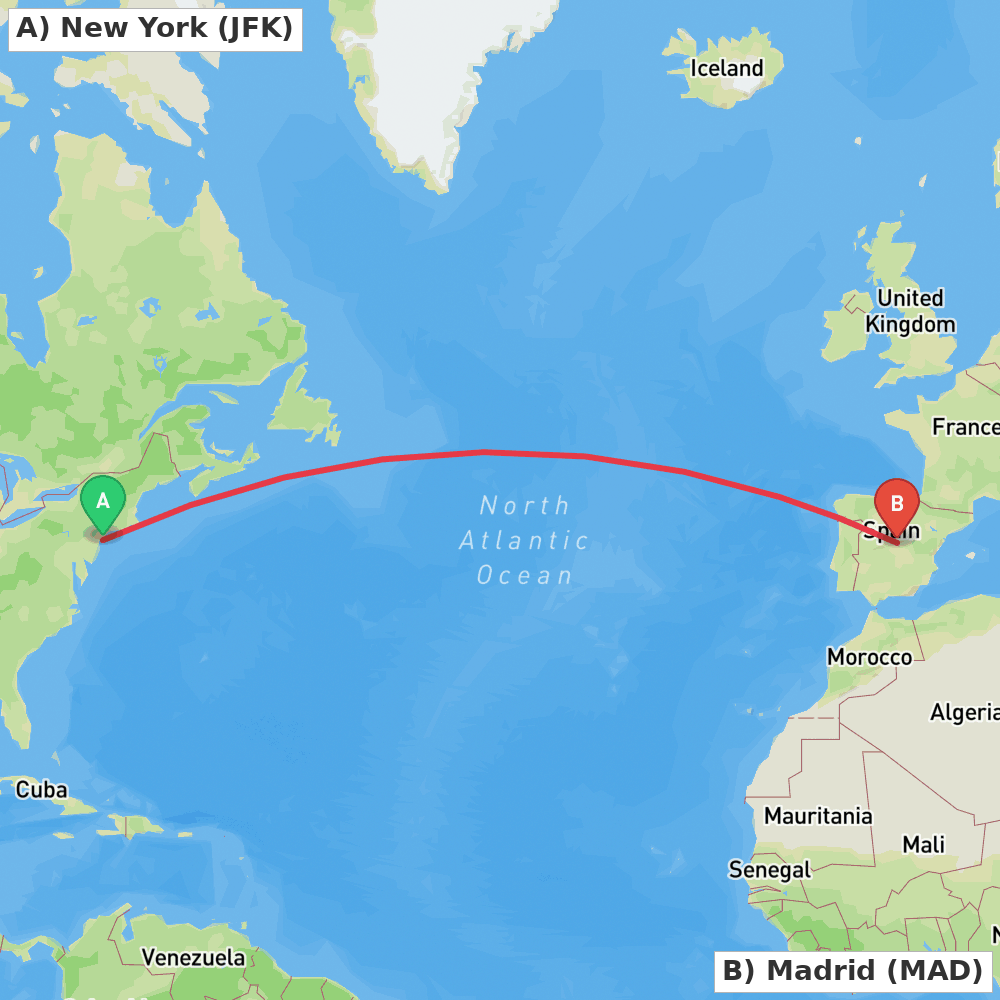Flight route map from New York to Madrid