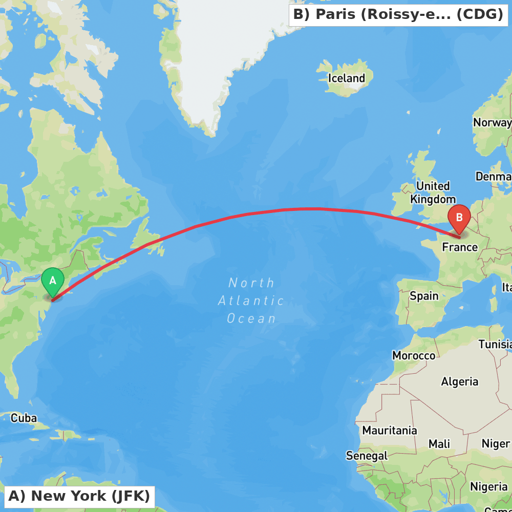 Flight route map from New York to Paris (Roissy-en-France, Val-d'Oise)