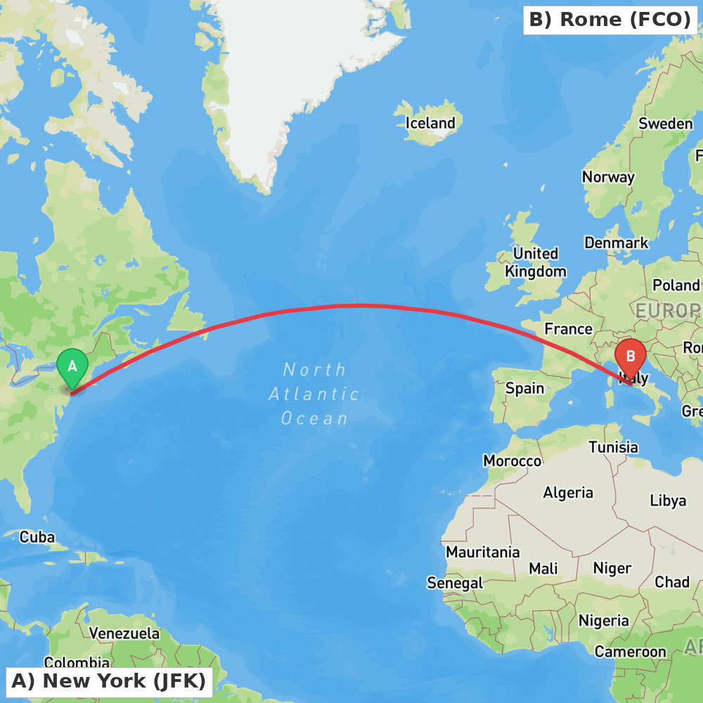 Flight route map from New York to Rome