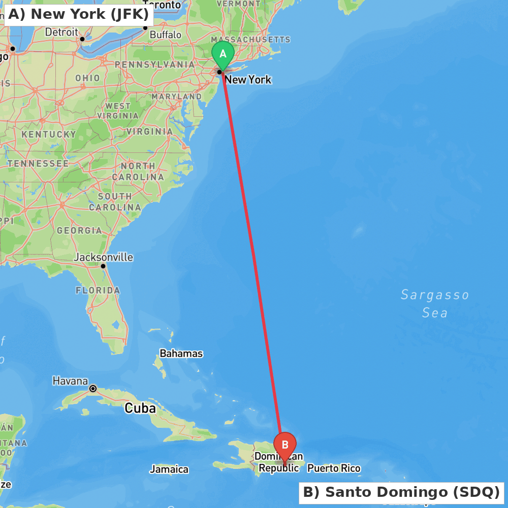 Flight route map from New York to Santo Domingo