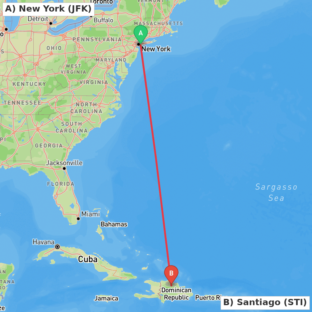 Flight route map from New York to Santiago