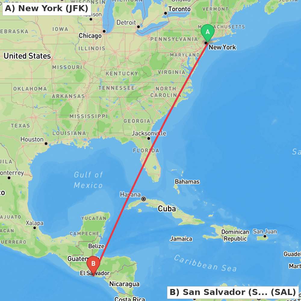 Flight route map from New York to San Salvador (San Luis Talpa)