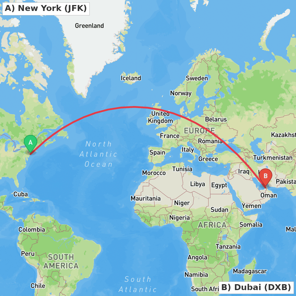 Flight route map from New York to Dubai