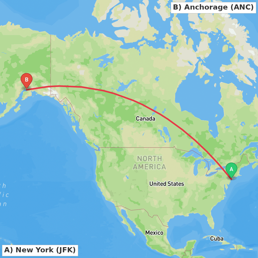 Flight route map from New York to Anchorage