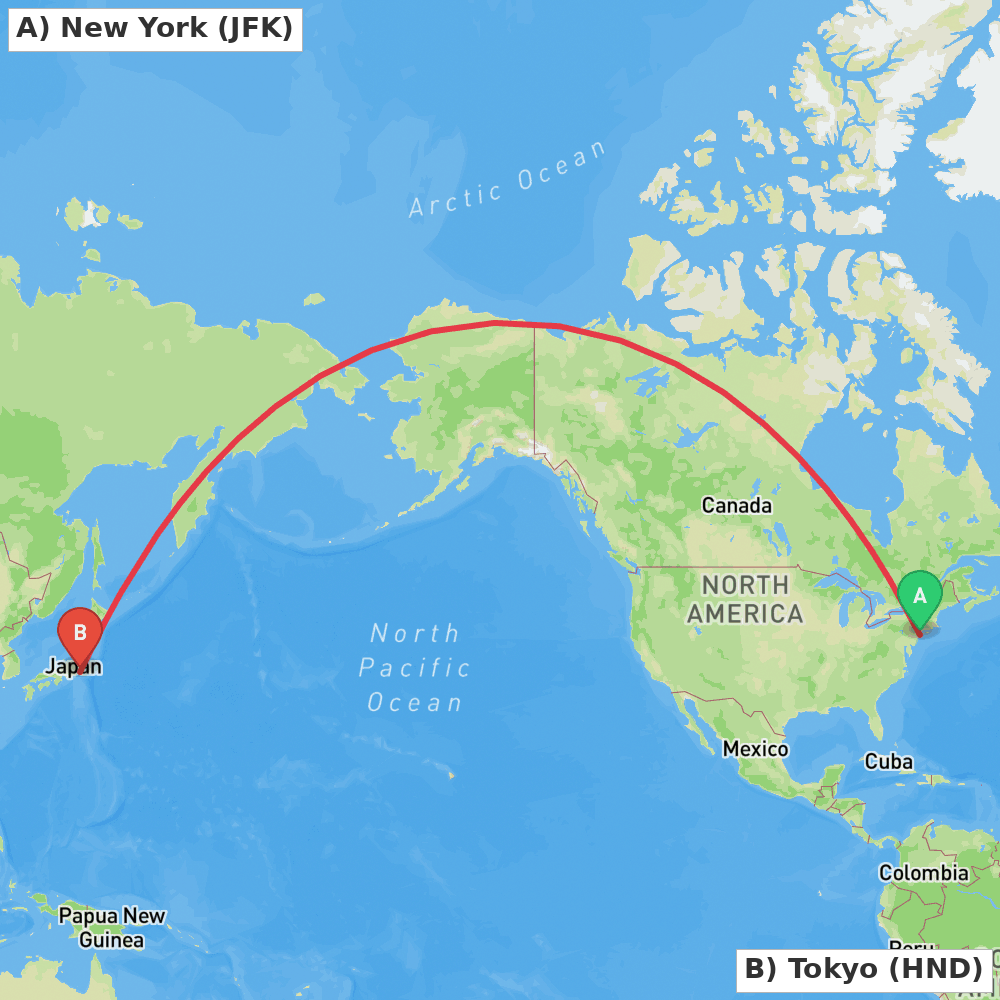 Flight route map from New York to Tokyo