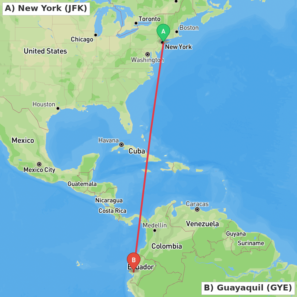Flight route map from New York to Guayaquil