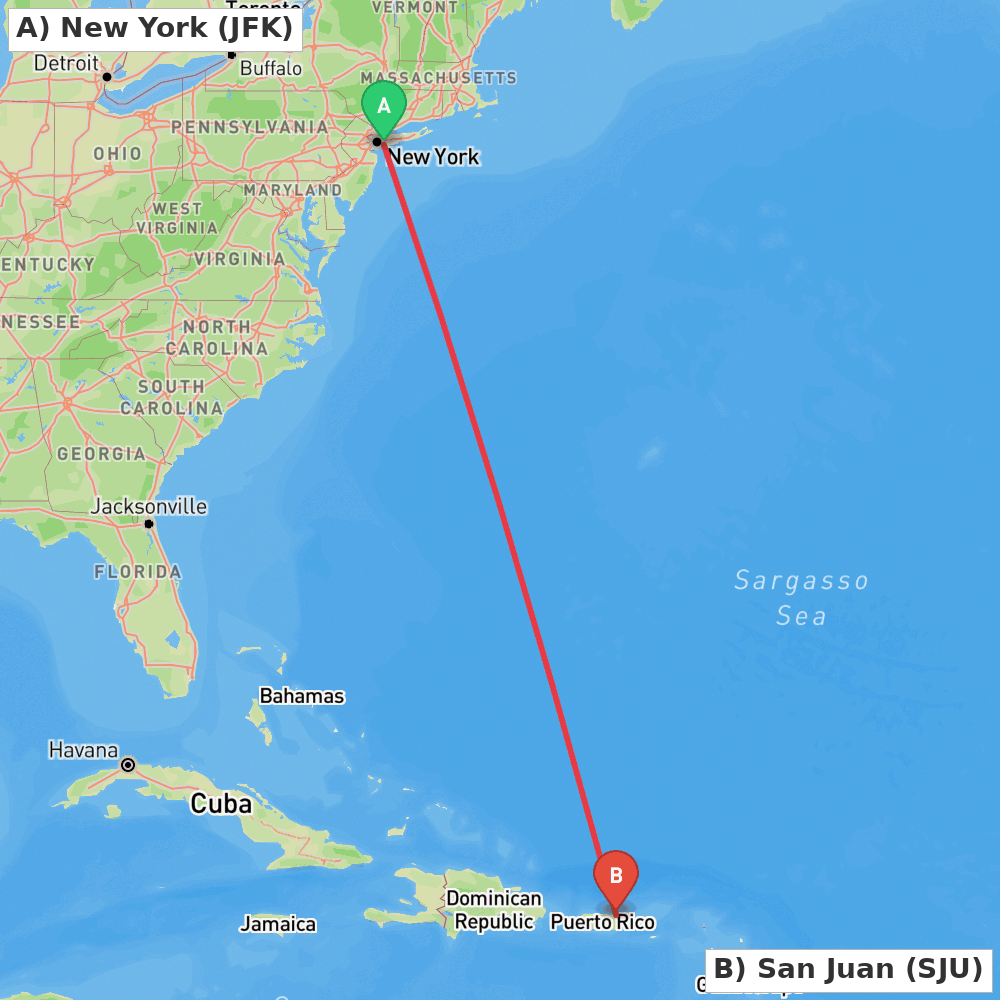 Flight route map from New York to San Juan