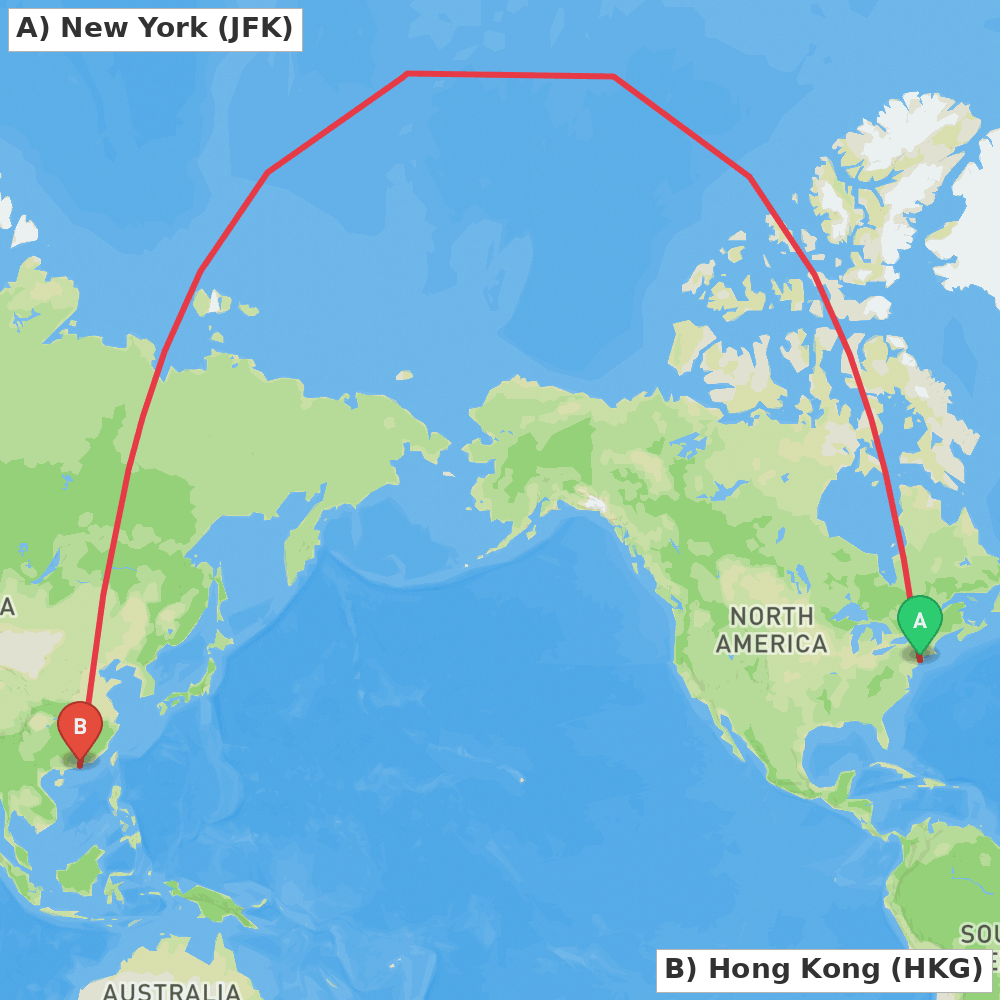 Flight route map from New York to Hong Kong