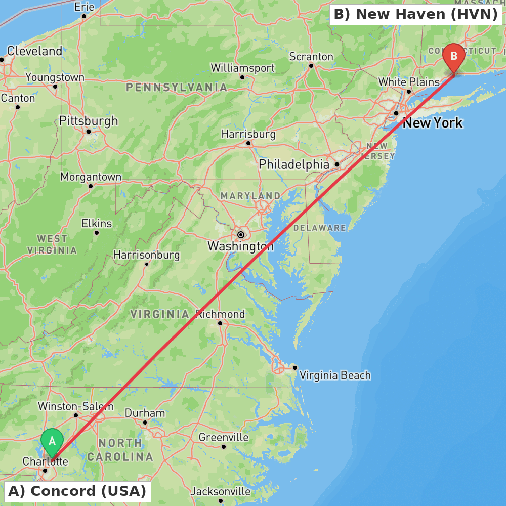 Flight route map from Concord to New Haven