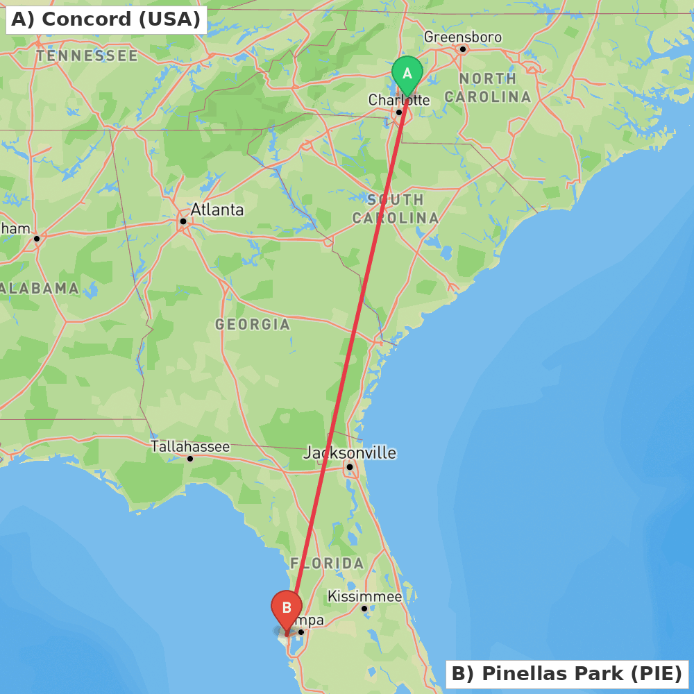 Flight route map from Concord to Pinellas Park