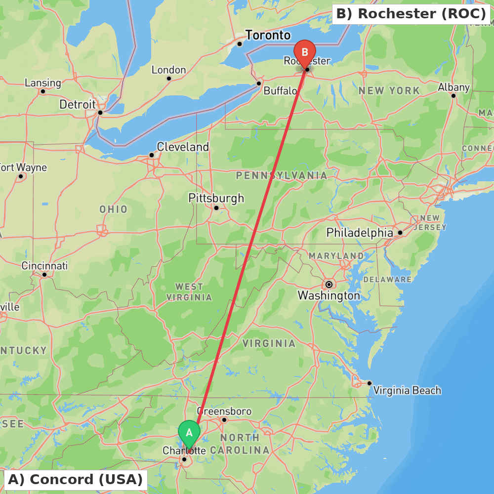 Flight route map from Concord to Rochester
