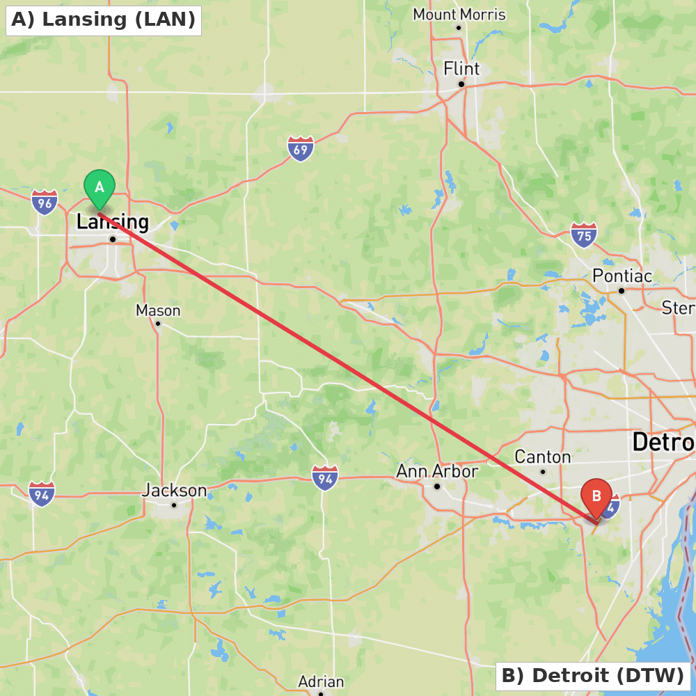 Flight route map from Lansing to Detroit