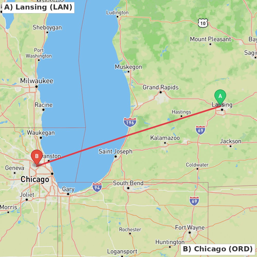 Flight route map from Lansing to Chicago