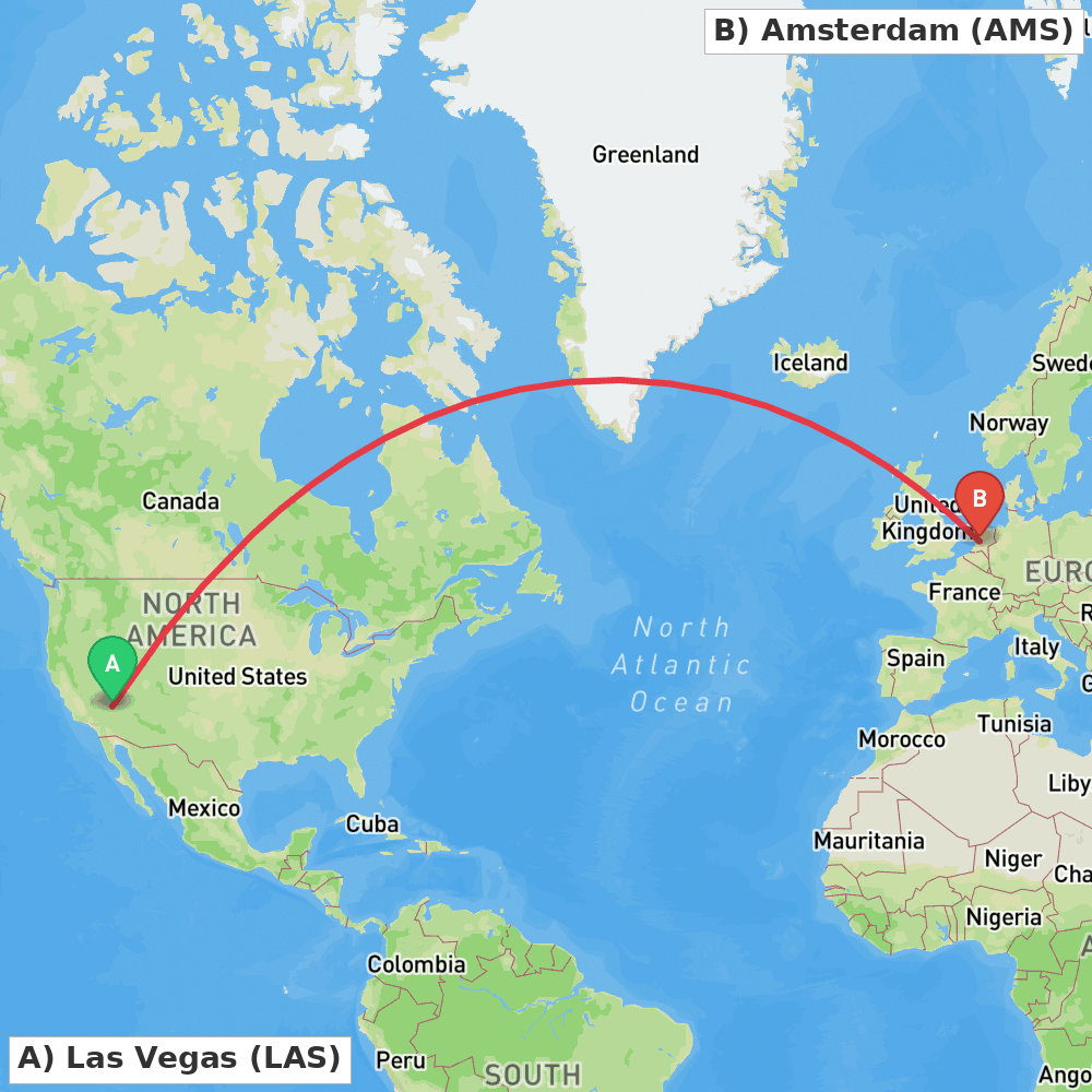 Flight route map from Las Vegas to Amsterdam