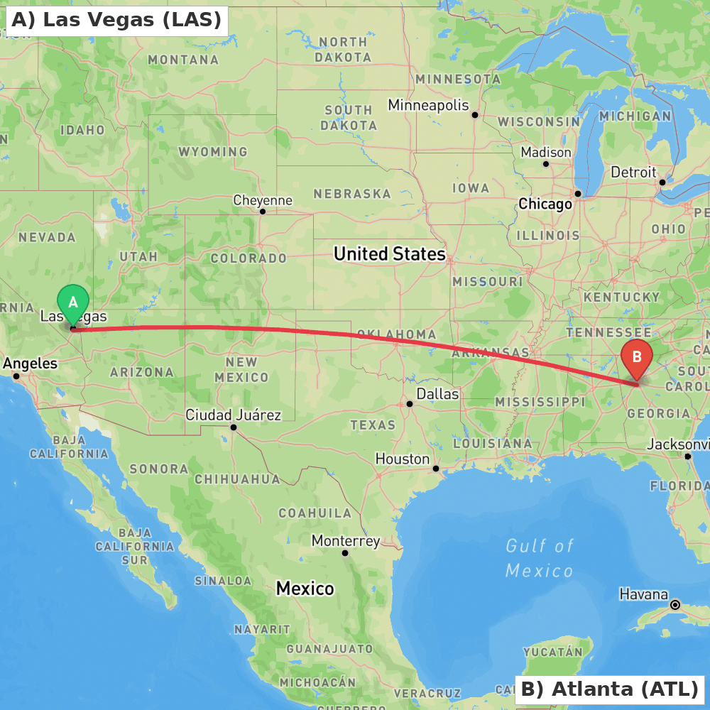 Flight route map from Las Vegas to Atlanta