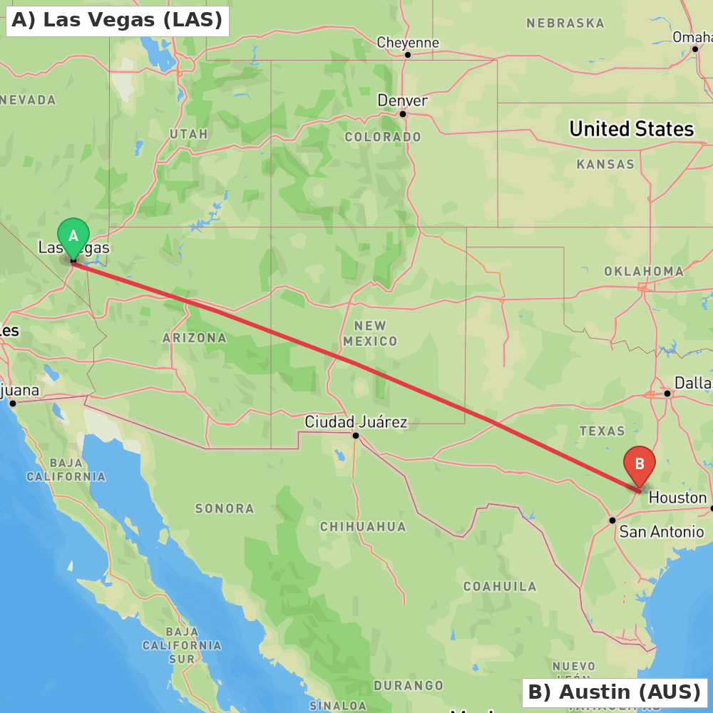 Flight route map from Las Vegas to Austin