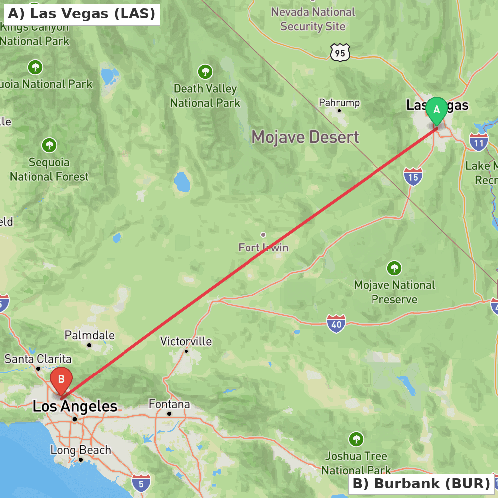 Flight route map from Las Vegas to Burbank