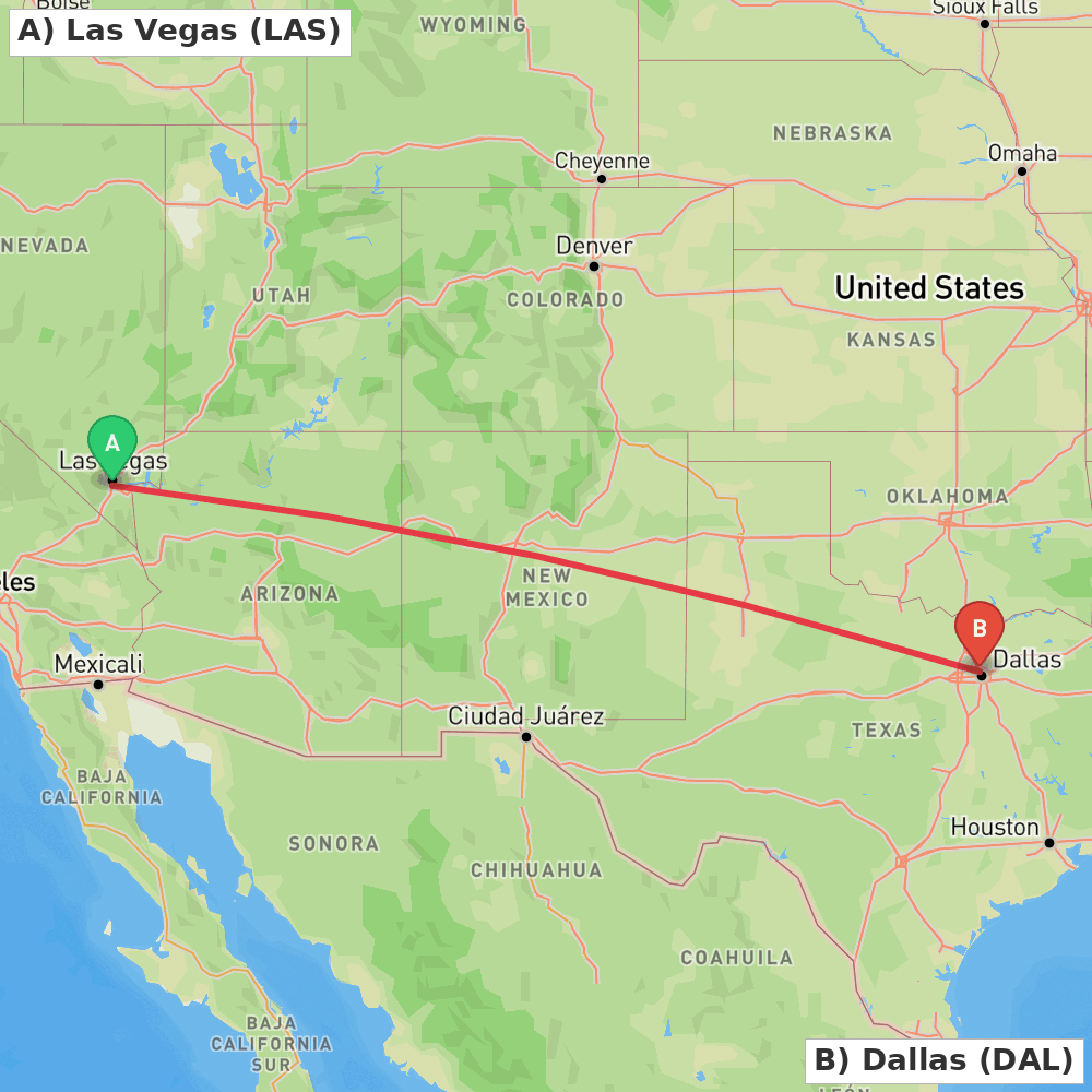 Flight route map from Las Vegas to Dallas