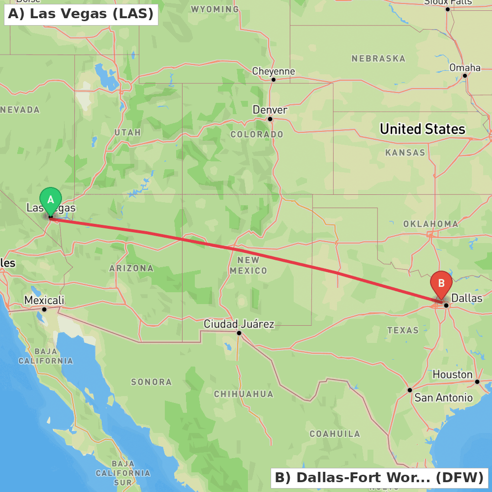 Flight route map from Las Vegas to Dallas-Fort Worth