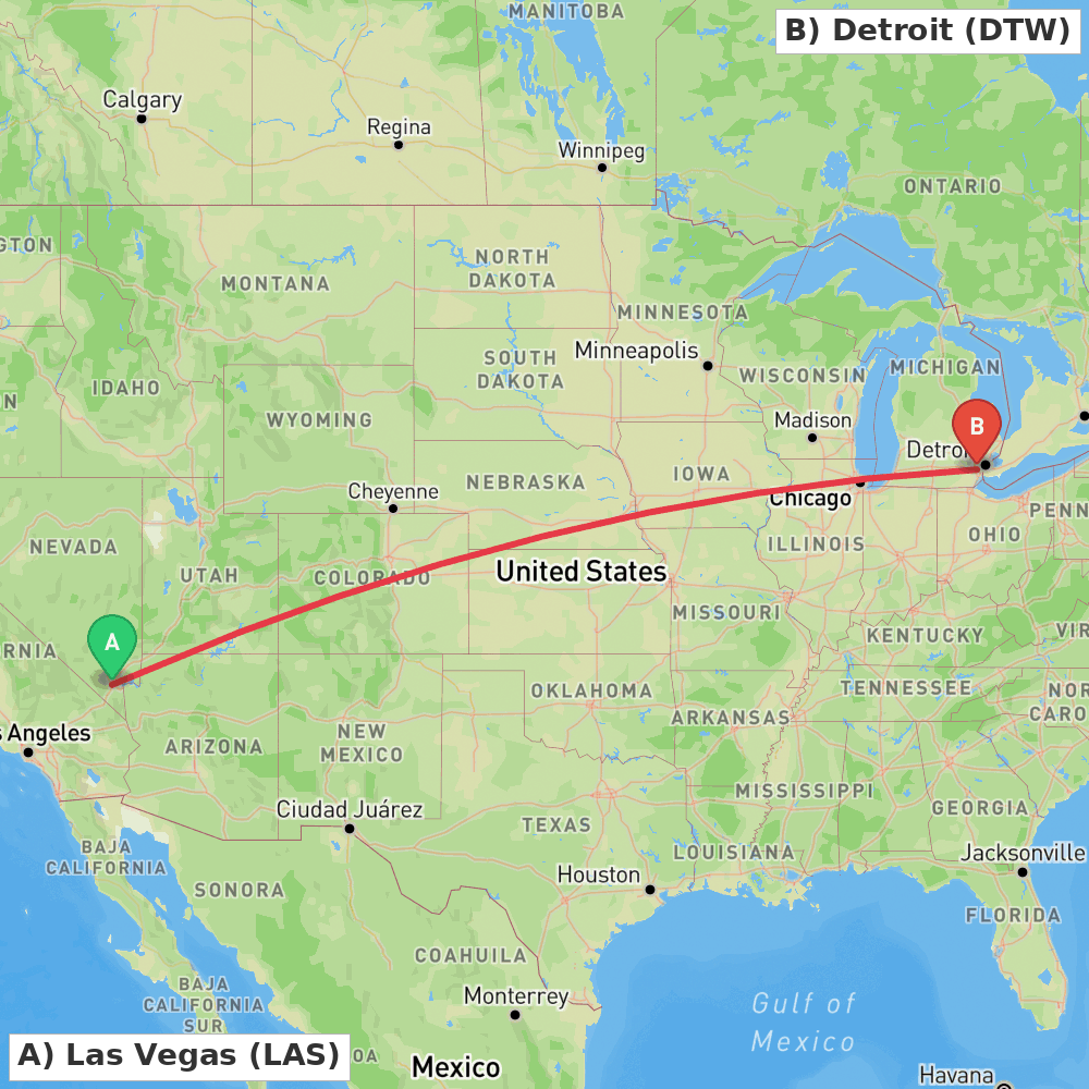 Flight route map from Las Vegas to Detroit