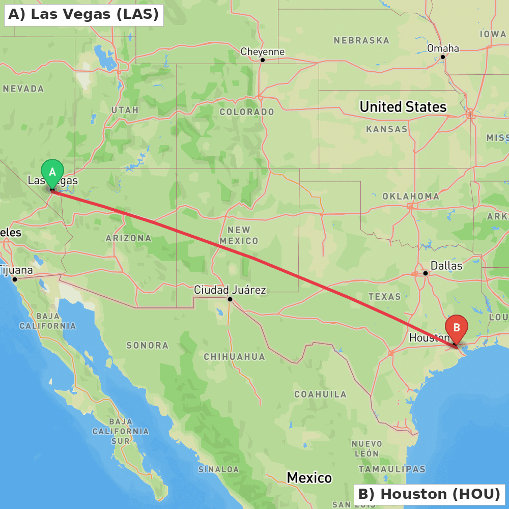 Flight route map from Las Vegas to Houston