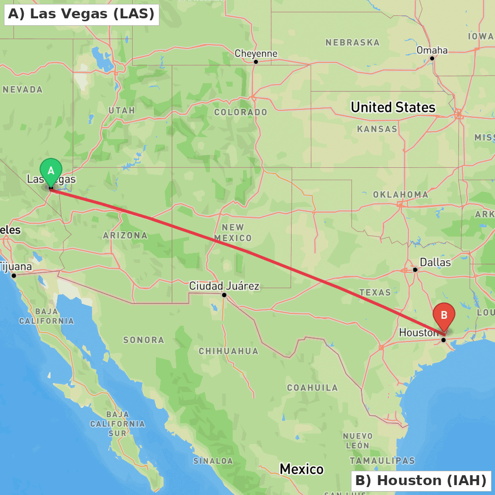 Flight route map from Las Vegas to Houston