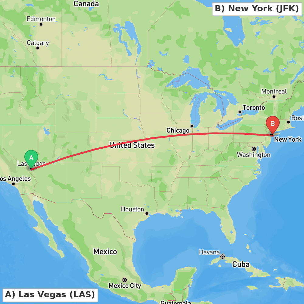 Flight route map from Las Vegas to New York