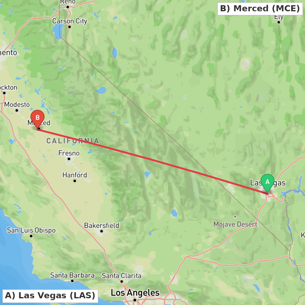 Flight route map from Las Vegas to Merced