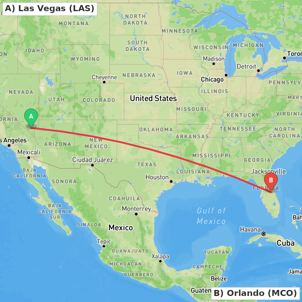 Flight route map from Las Vegas to Orlando