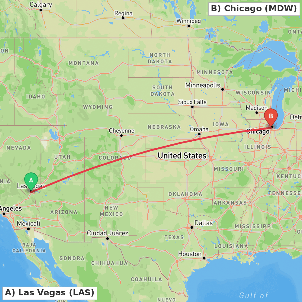Flight route map from Las Vegas to Chicago
