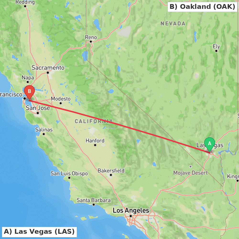 Flight route map from Las Vegas to Oakland