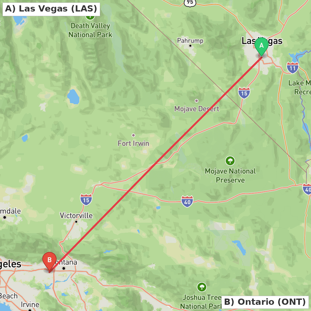 Flight route map from Las Vegas to Ontario