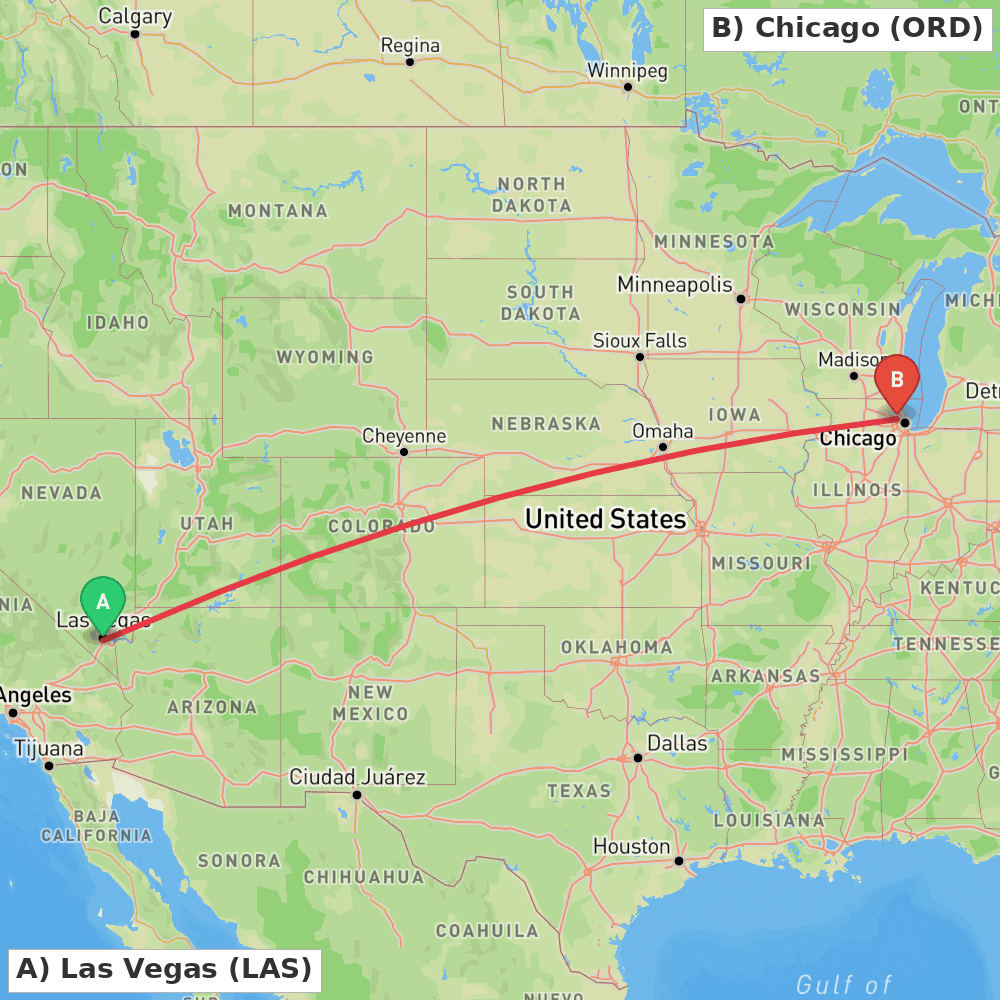 Flight route map from Las Vegas to Chicago
