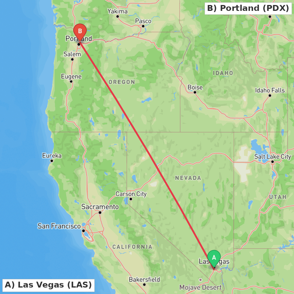 Flight route map from Las Vegas to Portland