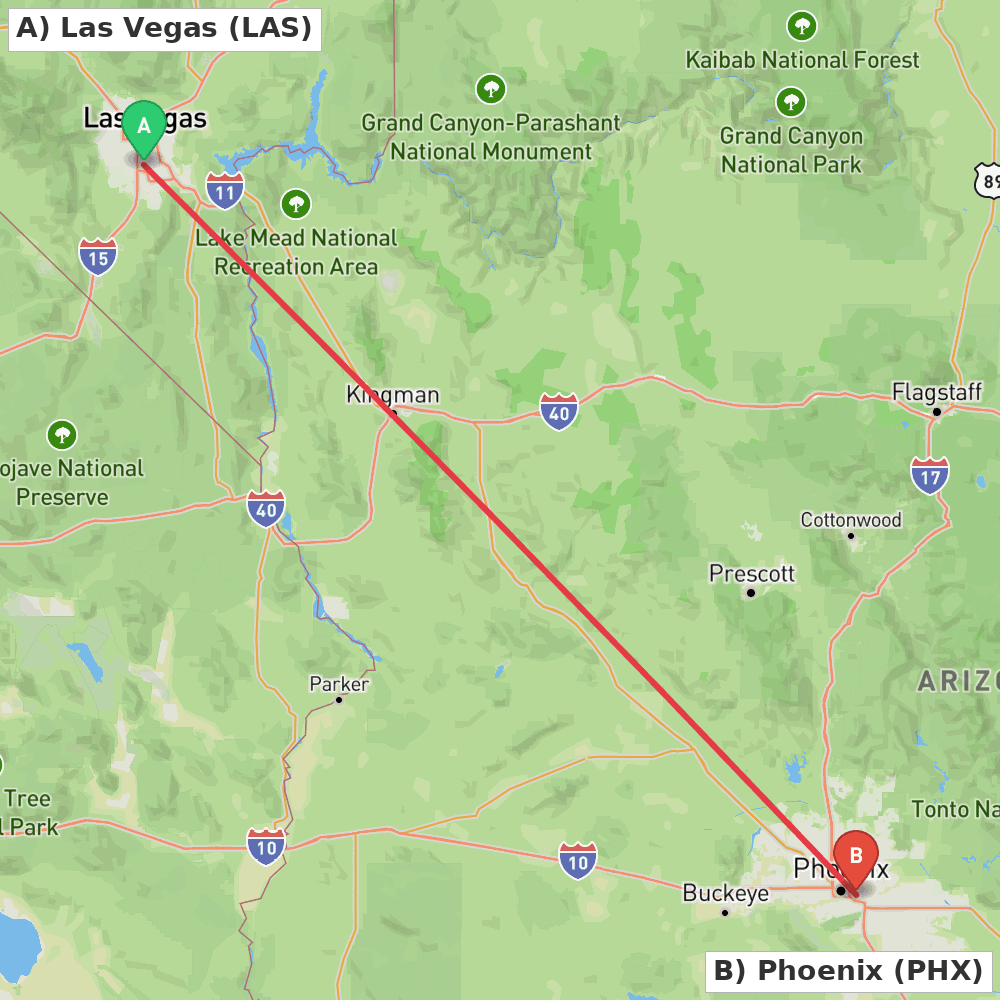 Flight route map from Las Vegas to Phoenix