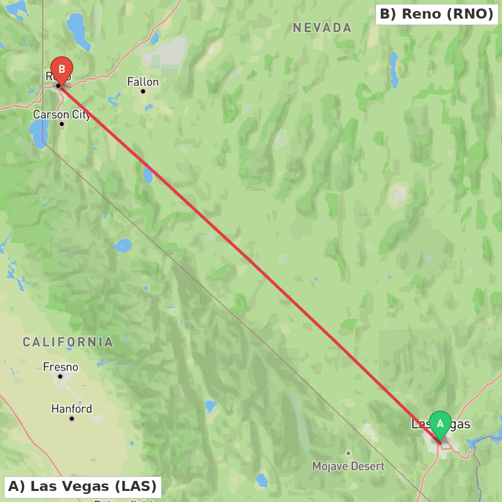 Flight route map from Las Vegas to Reno