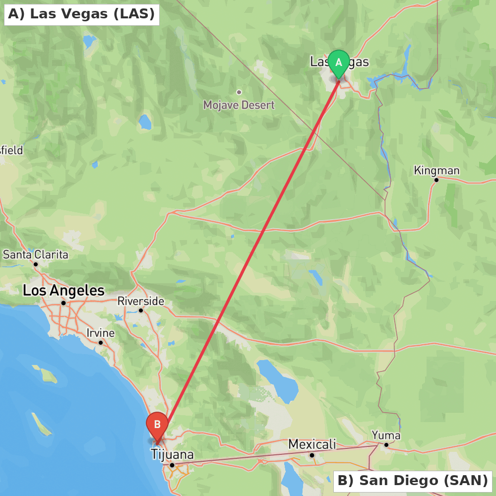 Flight route map from Las Vegas to San Diego